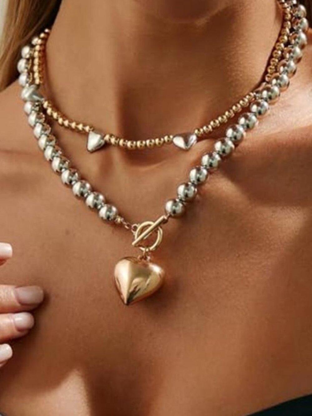 2Pc Two Tone Heart Necklace Set Gold Silver Layered Y2K Choker Beaded